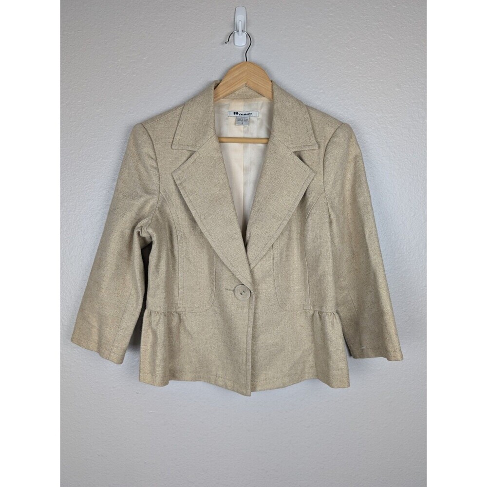 NYGARD Collection Women’s Blazer Sz 8 Jacket Lined Ruffles Beige Gold Linen 157